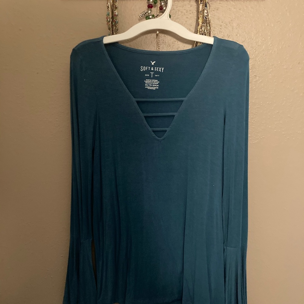 American Eagle Outfitters Soft and Sexy Teal Blue Bell Sleeve Blouse, XS